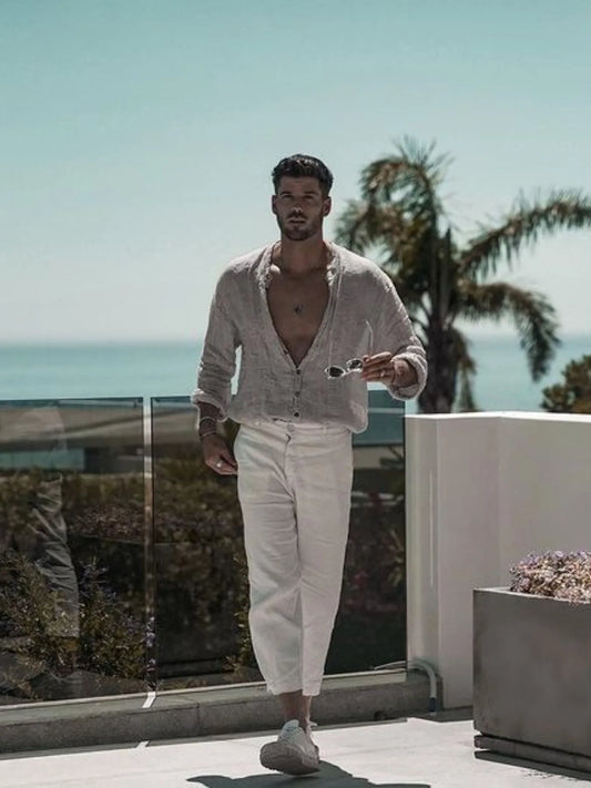 Men's Full Size Casual Linen Button Down Shirt Plus Size - Velora