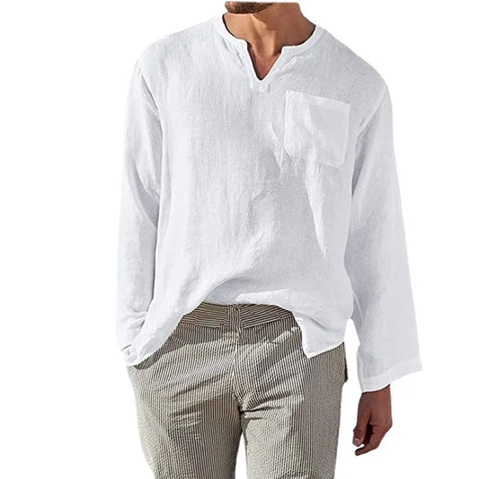 Men's Full Size Casual Notched Linen Long Sleeve Top Plus Size - Velora