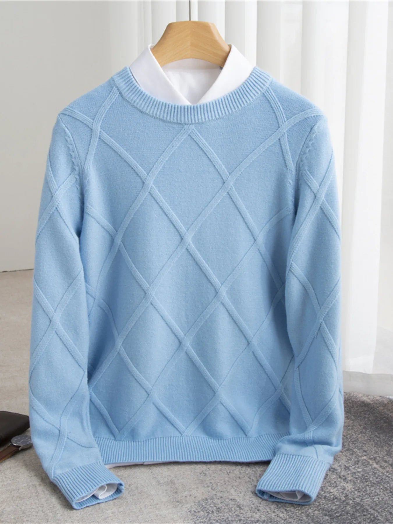 Men's Full Size Diamond Pattern Long Sleeve Sweater Plus Size - Velora Luxury Fashion