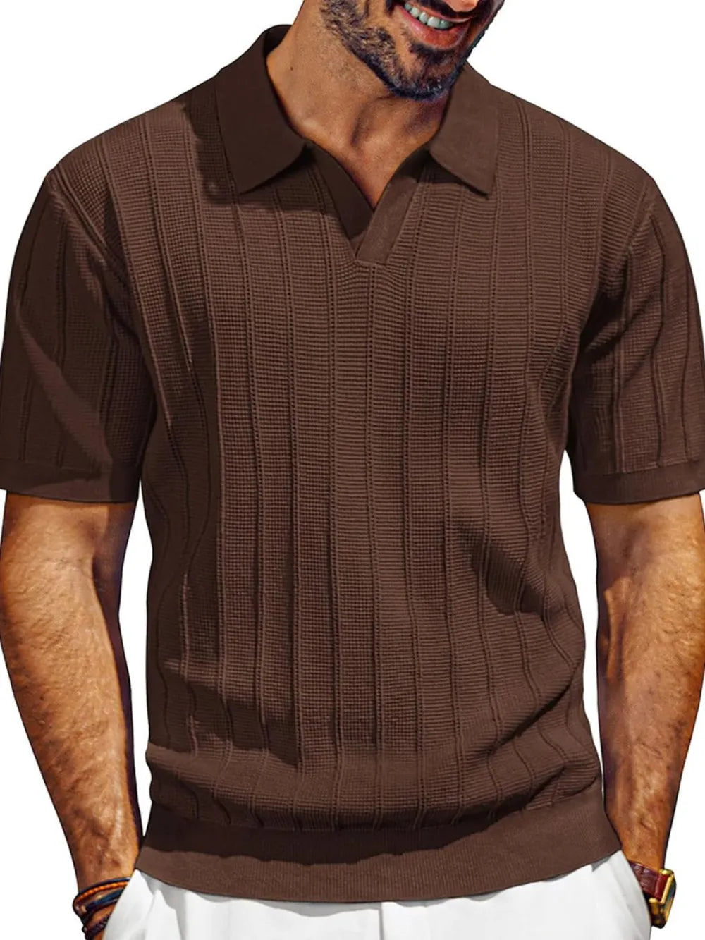 Men's Full Size Textured Collared Neck Short Sleeve Polo Plus Size - Velora Luxury Fashion