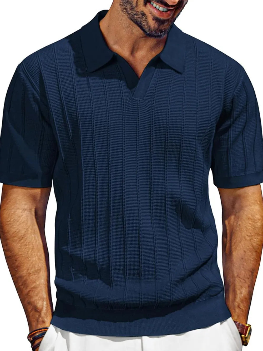 Men's Full Size Textured Collared Neck Short Sleeve Polo Plus Size - Velora Luxury Fashion