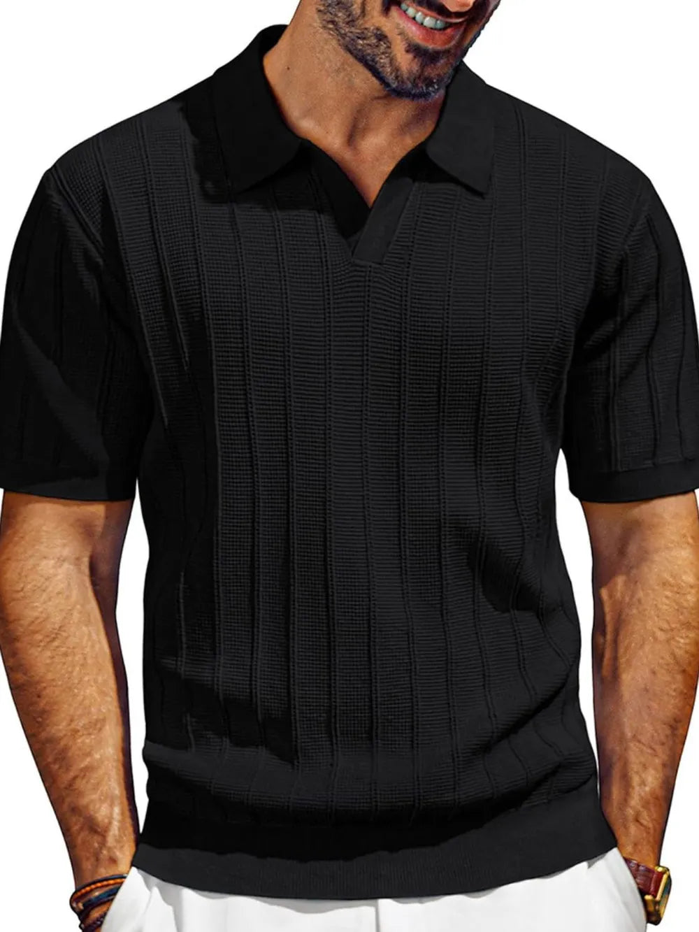 Men's Full Size Textured Collared Neck Short Sleeve Polo Plus Size - Velora Luxury Fashion