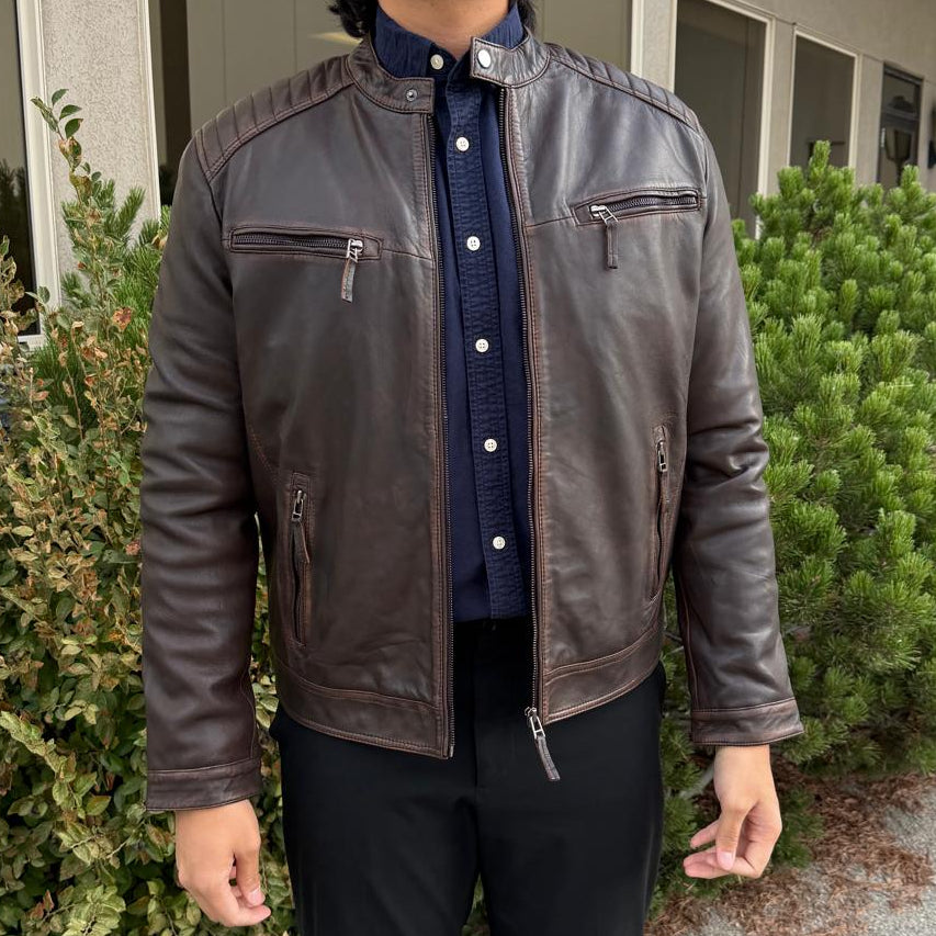 Men's Lamb Leather Jacket. Brown Vintage Style with Zip Pockets - Velora Luxury Fashion