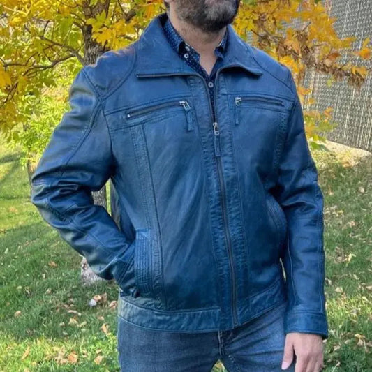 Men's Lamb Leather Jacket with Two Zipper Chest Pockets - Velora Luxury Fashion