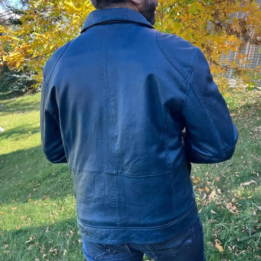 Men's Lamb Leather Jacket with Two Zipper Chest Pockets - Velora Luxury Fashion