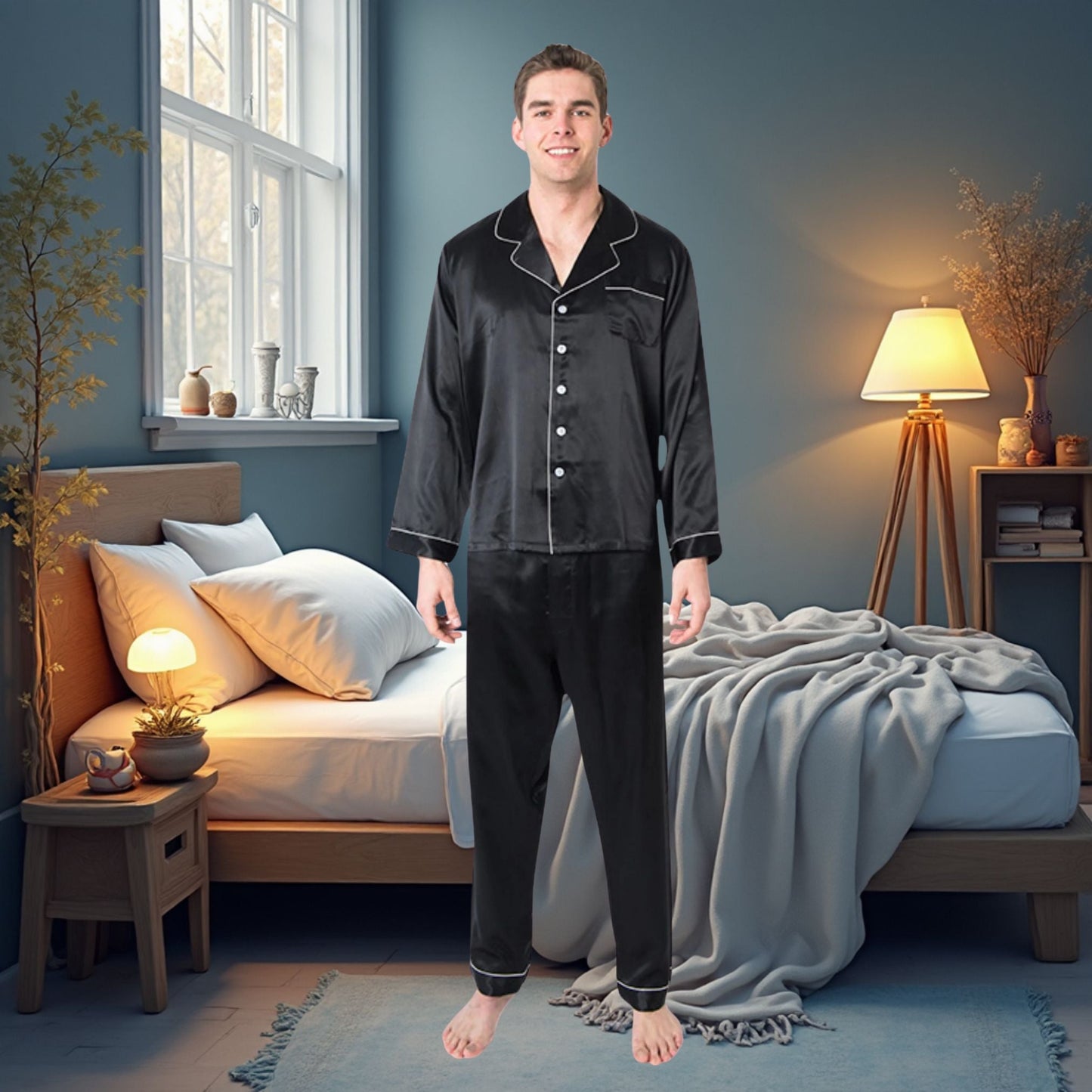 Men's Mulberry Silk Pajama Set Black - Velora Luxury Fashion