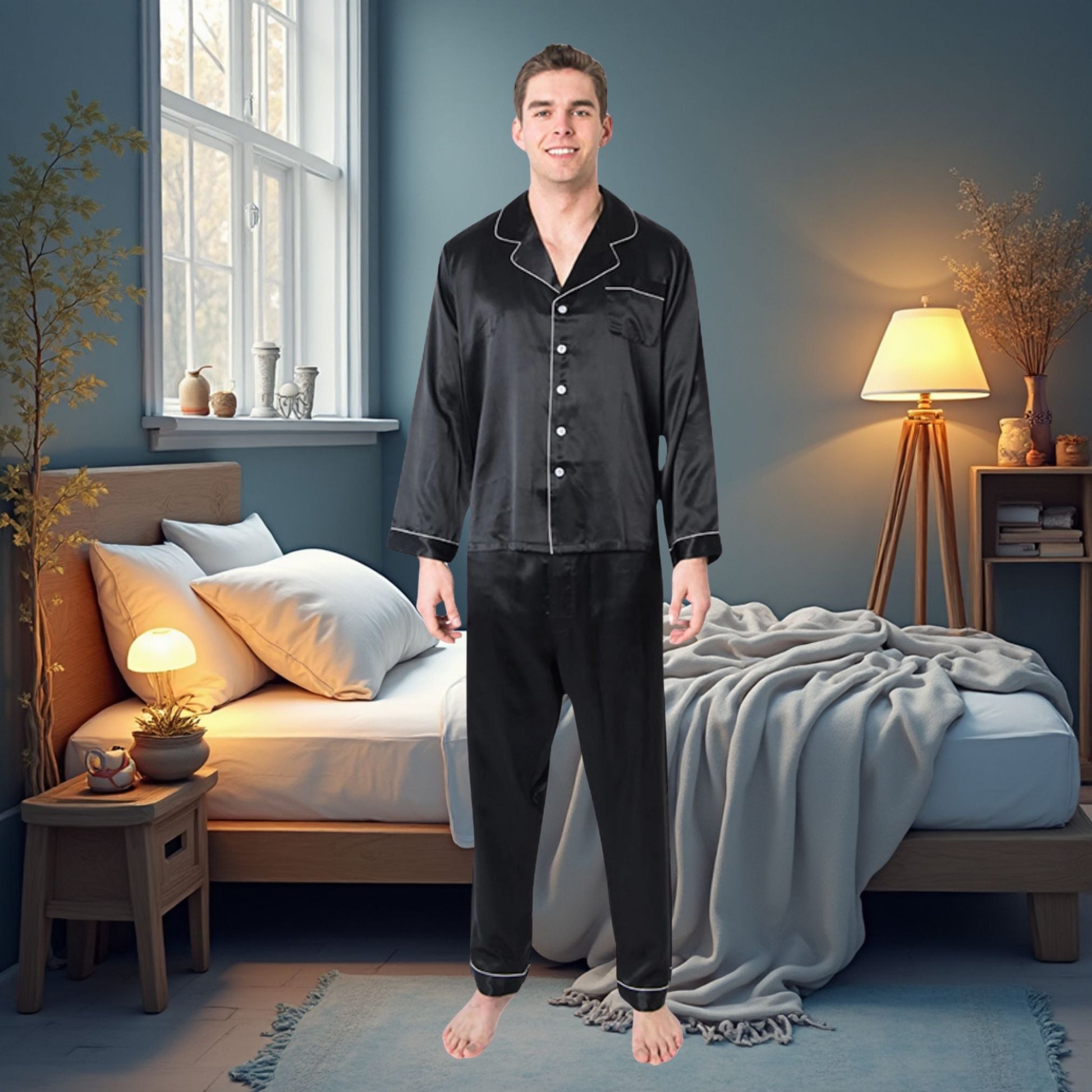 Men's Mulberry Silk Pajama Set Black - Velora Luxury Fashion