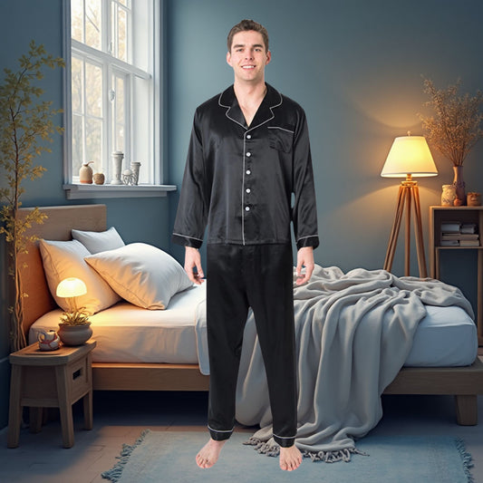 Men's Mulberry Silk Pajama Set Black - Velora Luxury Fashion
