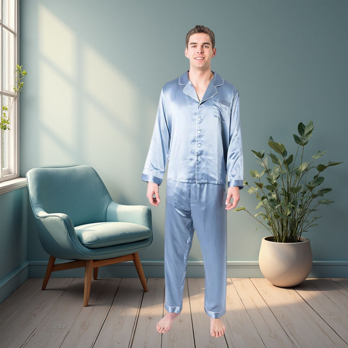 Men's Mulberry Silk Pajama Set Twilight Blue - Velora Luxury Fashion