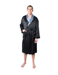 Men's Mulberry Silk Robe Black with Twilight Blue Collar - Velora Luxury Fashion