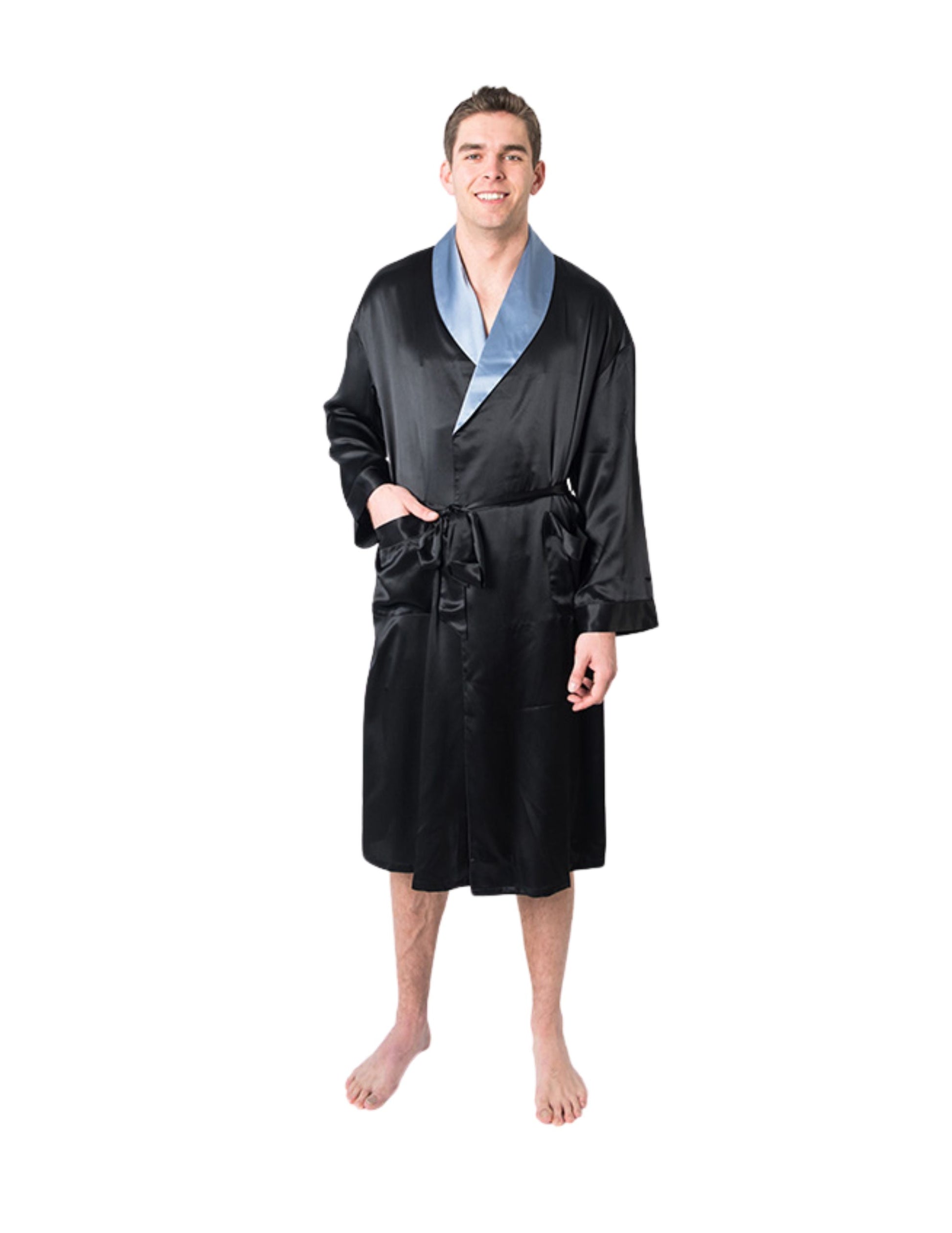 Men's Mulberry Silk Robe Black with Twilight Blue Collar - Velora Luxury Fashion