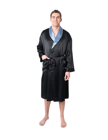 Men's Mulberry Silk Robe Black with Twilight Blue Collar - Velora Luxury Fashion