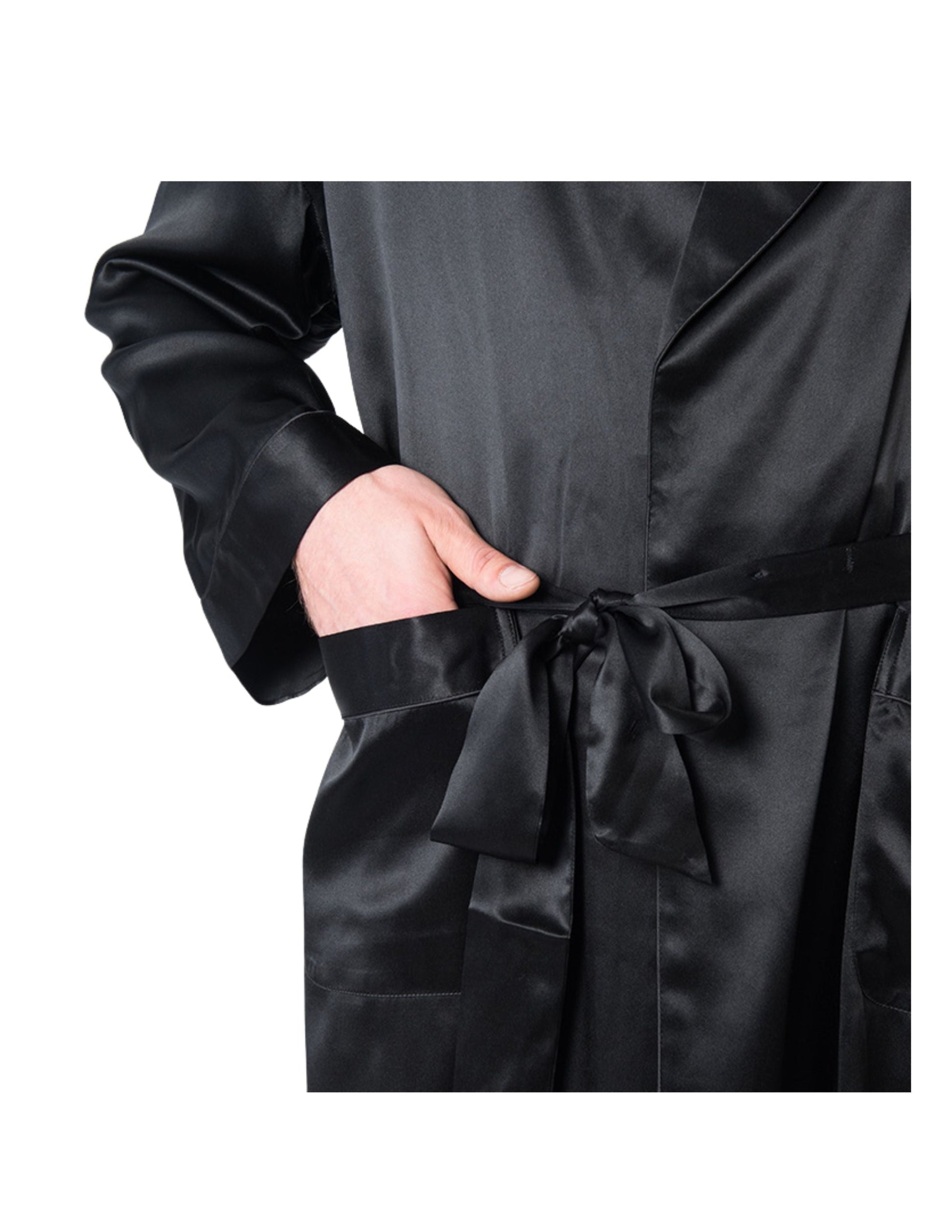 Men's Mulberry Silk Robe Black with Twilight Blue Collar - Velora Luxury Fashion