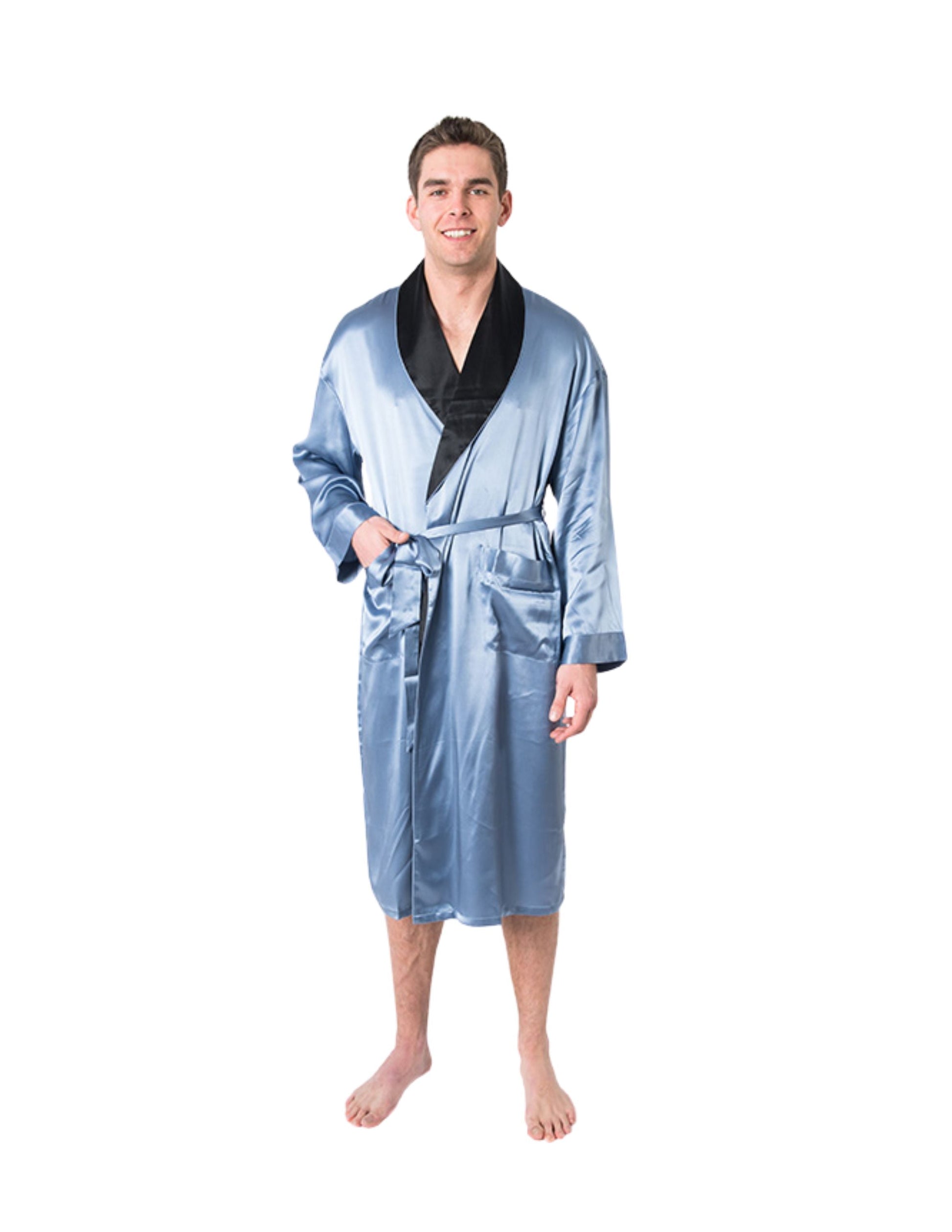 Men's Mulberry Silk Robe  Twilight Blue with Black Collar - Velora Luxury Fashion