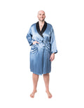 Men's Mulberry Silk Robe  Twilight Blue with Black Collar - Velora Luxury Fashion
