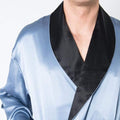 Men's Mulberry Silk Robe  Twilight Blue with Black Collar - Velora Luxury Fashion