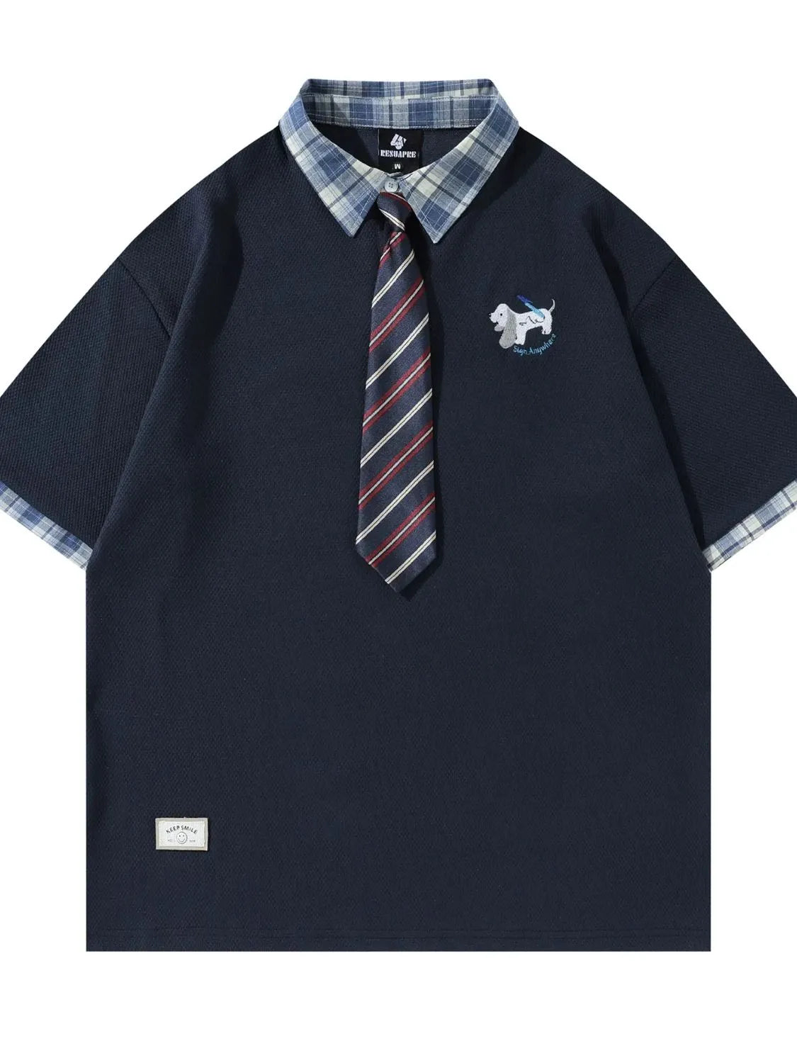 Men's Plaid Collar Short Sleeve Polo with Tie - Velora Luxury Fashion