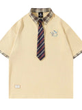 Men's Plaid Collar Short Sleeve Polo with Tie - Velora Luxury Fashion
