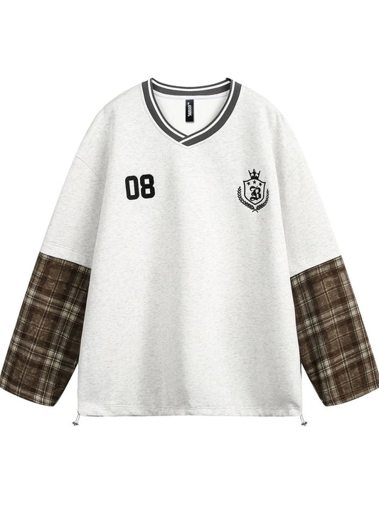 Men's Plaid Sleeve V-Neck Sweatshirt - Velora Luxury Fashion