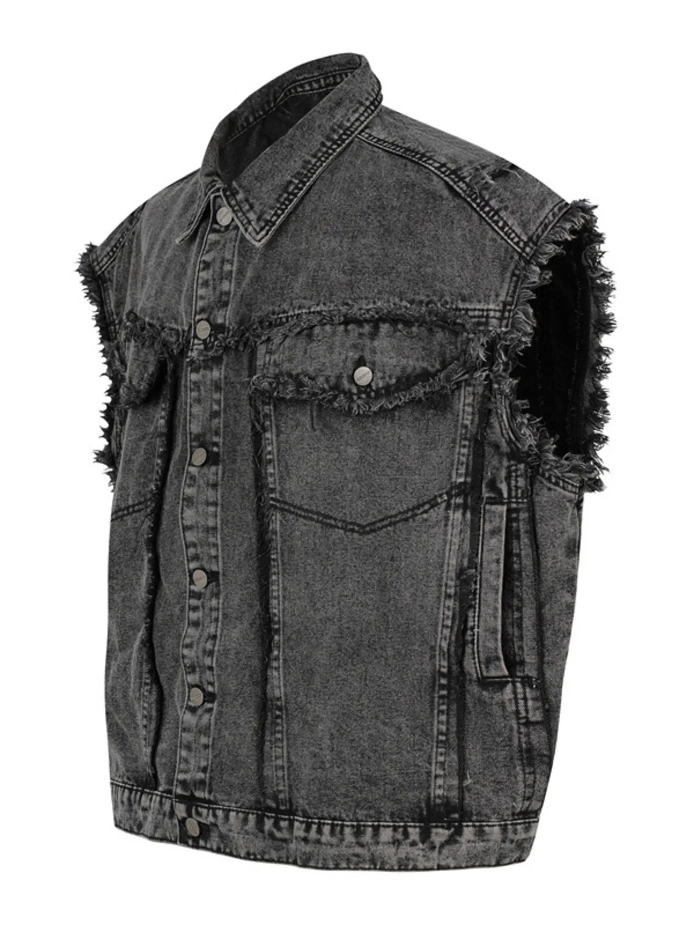 Men's Raw Hem Button Up Sleeveless Denim Jacket - Velora Luxury Fashion