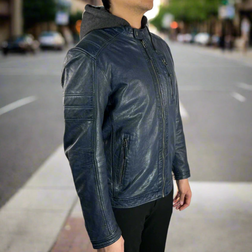 Men's Sheep Leather Jacket with Removable Hoodie - Velora Luxury Fashion