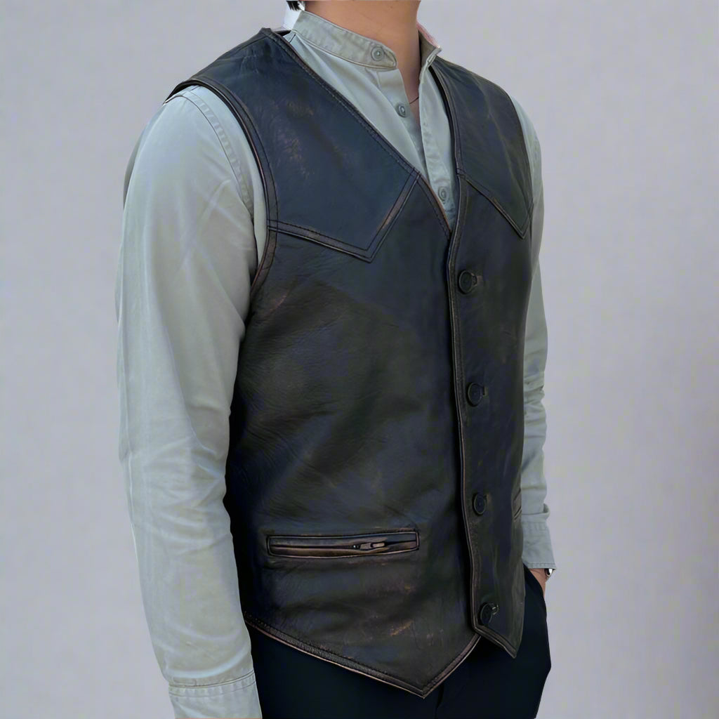 Men's Sheep Leather Ruboff Vest. Classic Button Closure & Front Pockets - Velora Luxury Fashion