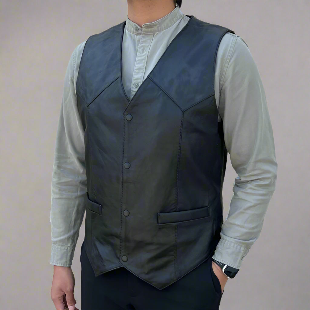 Men's Sheep Leather Vest. Snap Closure & Front Pockets - Velora Luxury Fashion