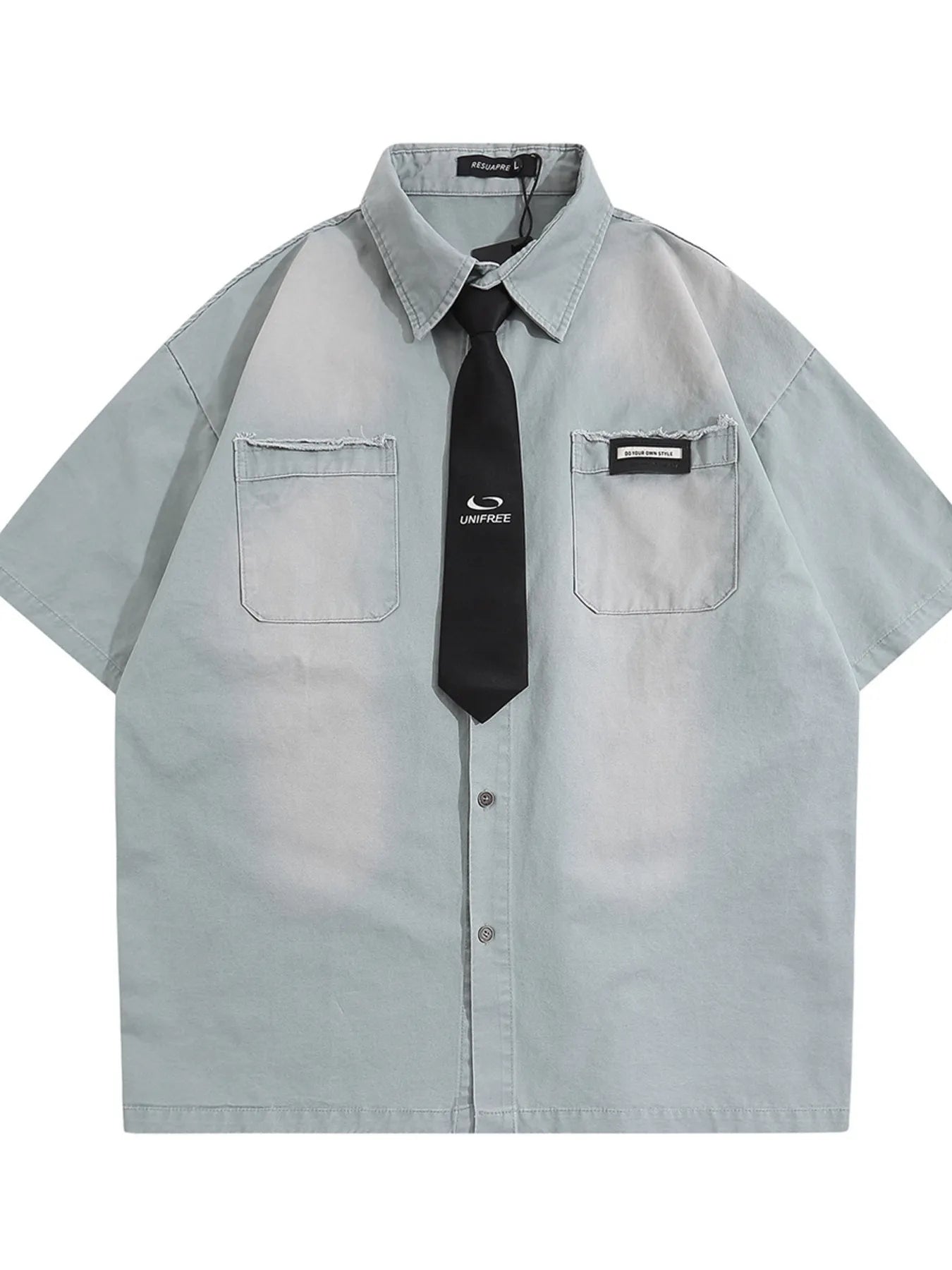 Men's Short Sleeve Denim Shirt with Tie Detail - Velora Luxury Fashion