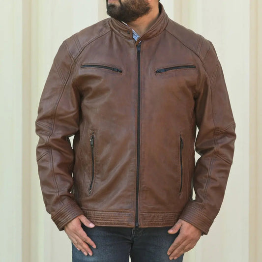 Men's Snap Collar Leather Jacket - Velora Luxury Fashion