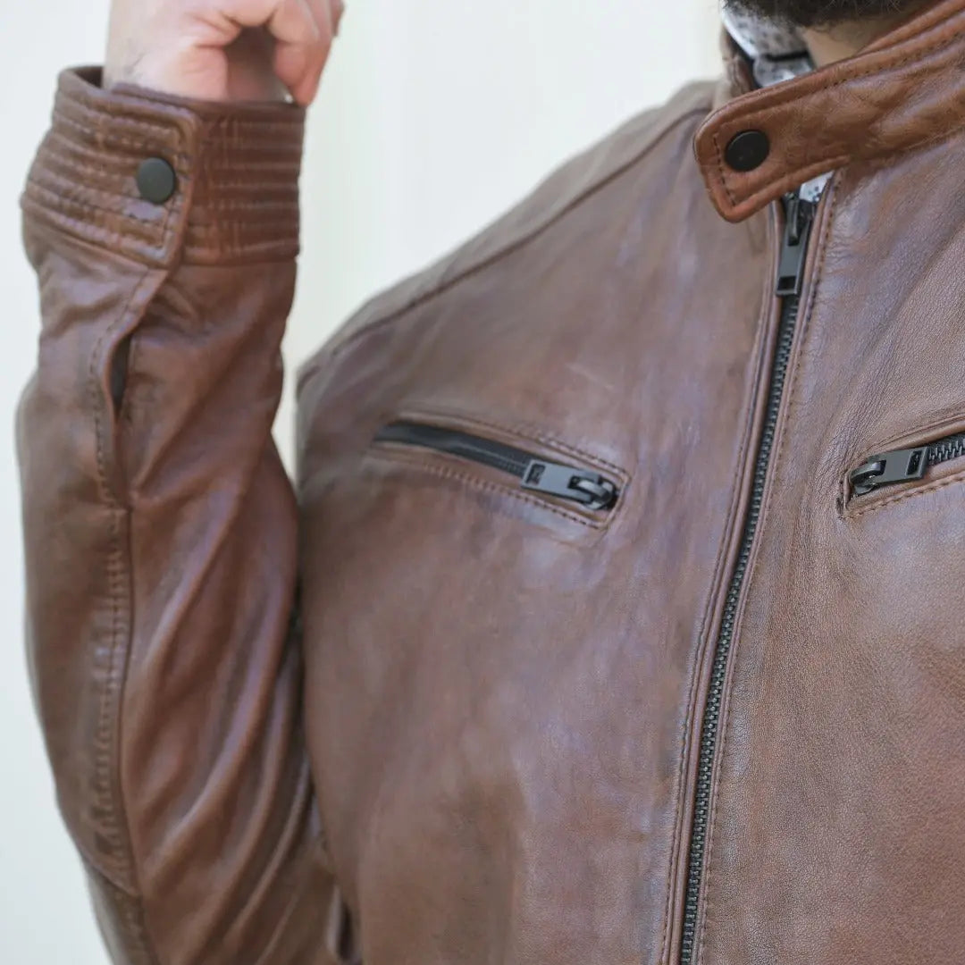 Men's Snap Collar Leather Jacket - Velora Luxury Fashion