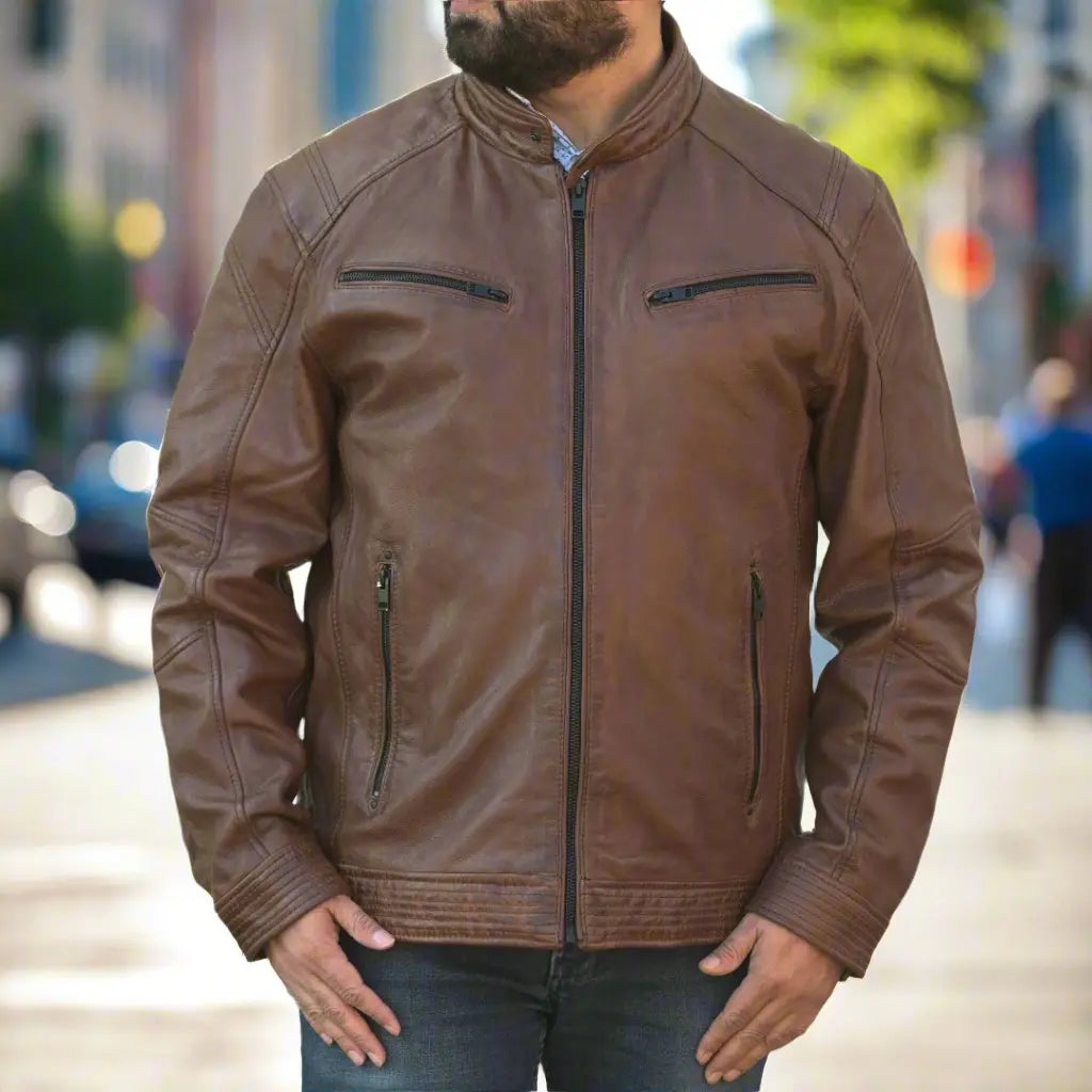 Men's Snap Collar Leather Jacket - Velora Luxury Fashion