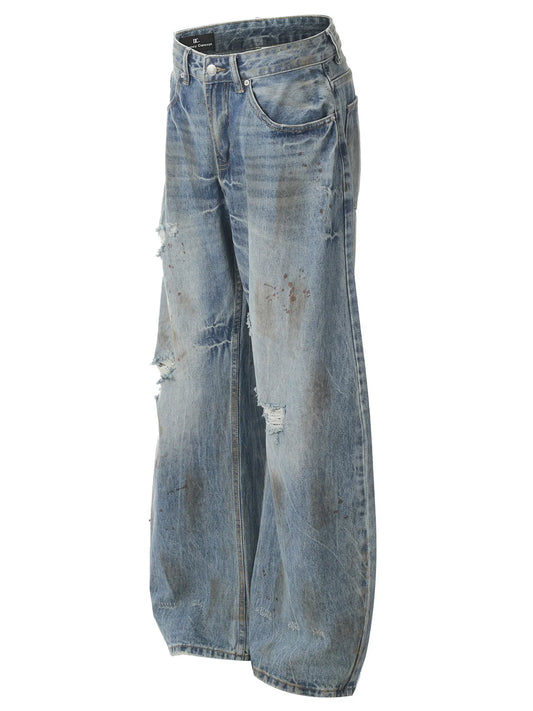 Men's Vintage Distressed Wide Leg Denim Jeans - Velora Luxury Fashion