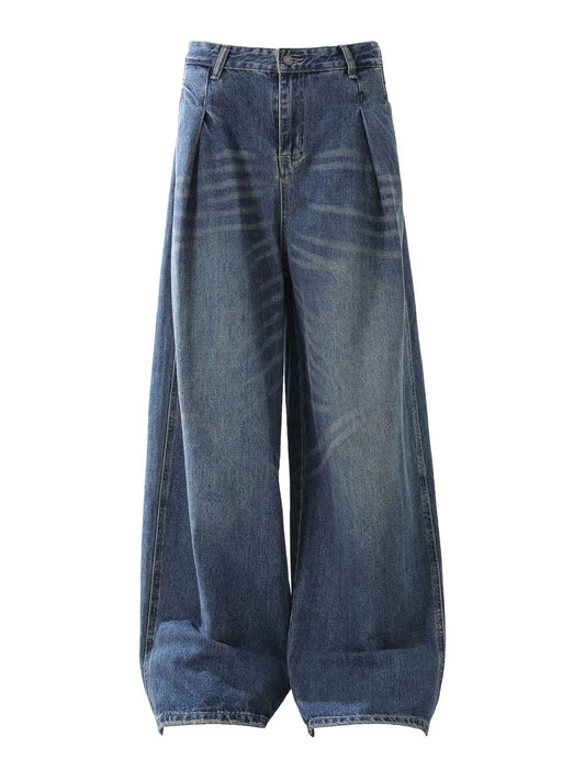 Men's Washed Wide Leg Pleated Jeans - Velora