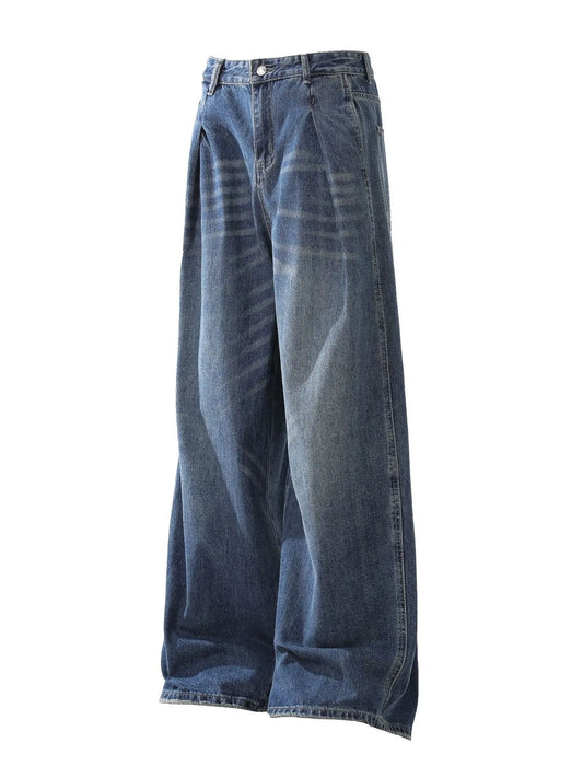 Men's Washed Wide Leg Pleated Jeans - Velora