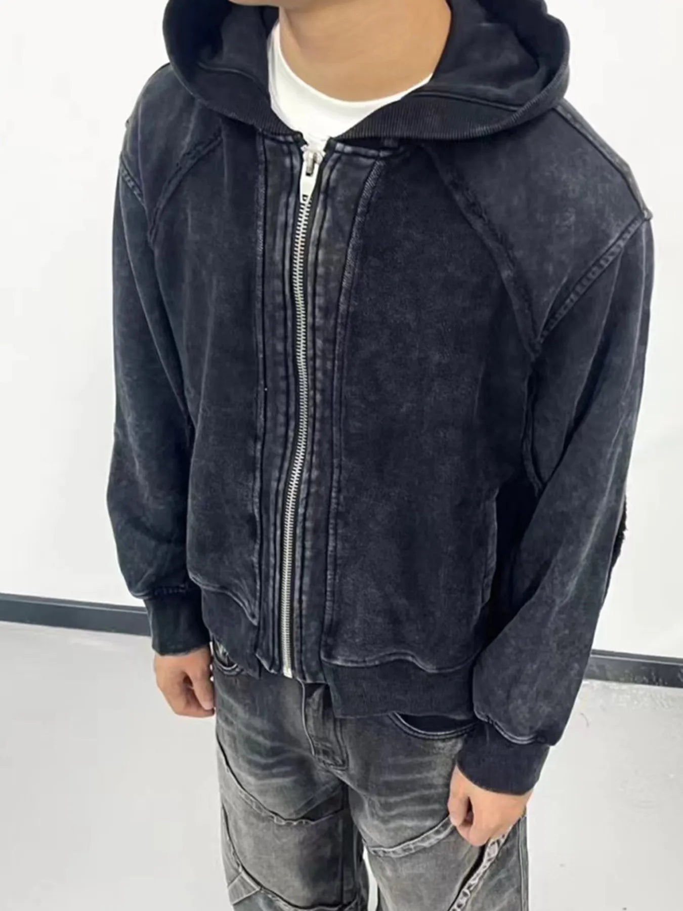 Men's Washed Zip-Up Hoodie with Pockets - Velora Luxury Fashion