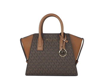 Michael Kors Avril Brown Signature PVC Leather Small Top Zip Satchel Convertible Handbag - Velora Luxury Fashion
