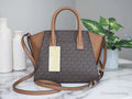Michael Kors Avril Brown Signature PVC Leather Small Top Zip Satchel Convertible Handbag - Velora Luxury Fashion