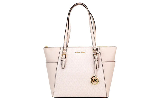 Michael Kors Charlotte Large Light Powder Blush Signature PVC Top Zip Tote Handbag - Velora Luxury Fashion