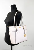 Michael Kors Charlotte Large Light Powder Blush Signature PVC Top Zip Tote Handbag - Velora Luxury Fashion