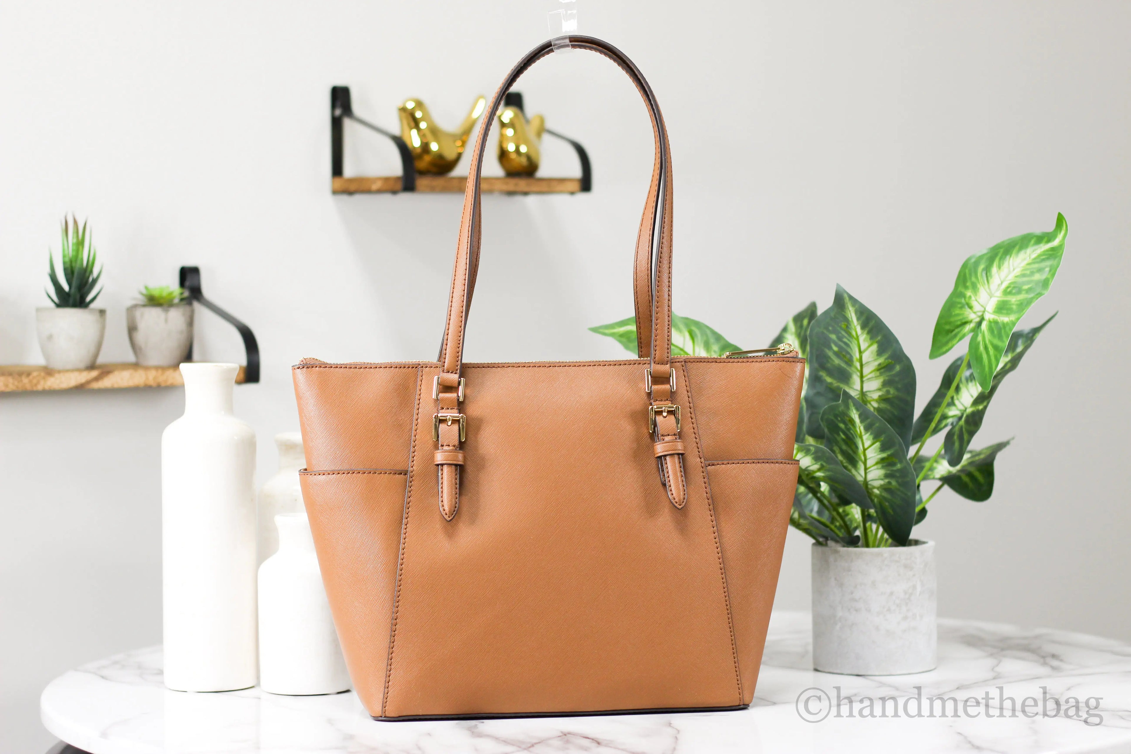 Michael Kors Charlotte Luggage Leather Large Top Zip Tote - Velora Luxury Fashion