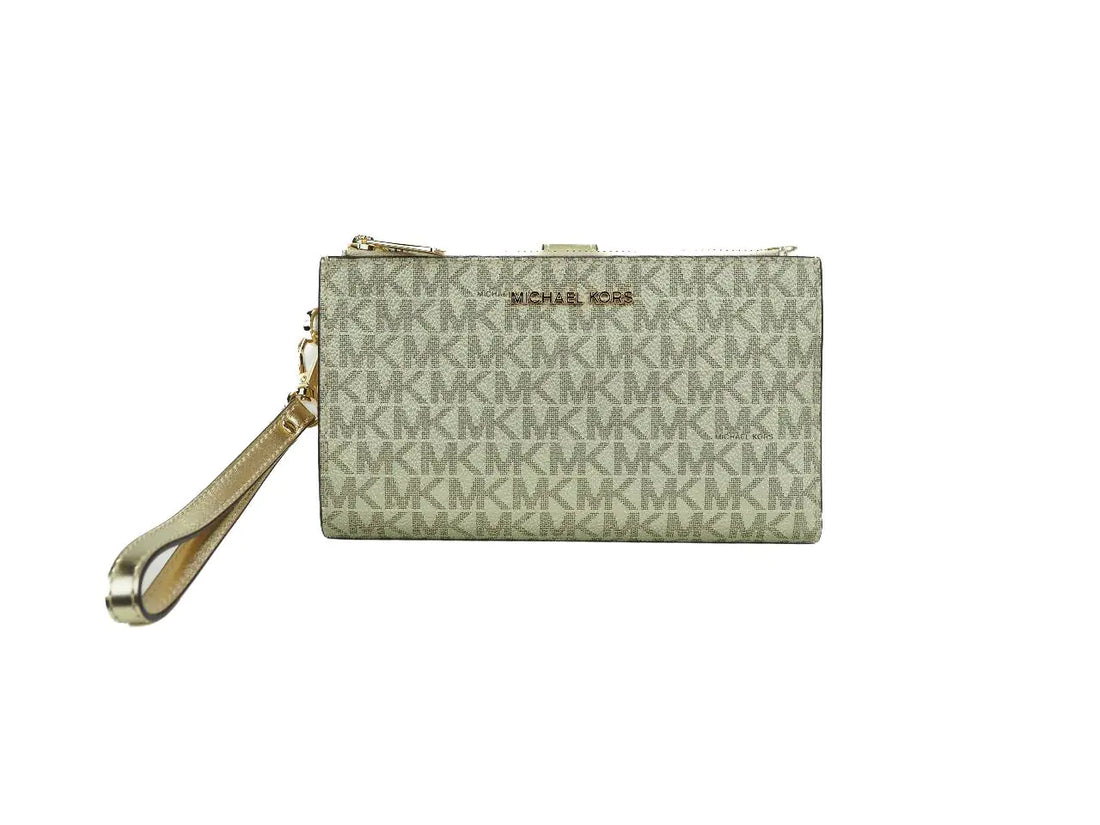 Michael Kors Jet Set Travel Pale Gold PVC Leather Large Double Zip Wrist Wallet - Velora Luxury Fashion