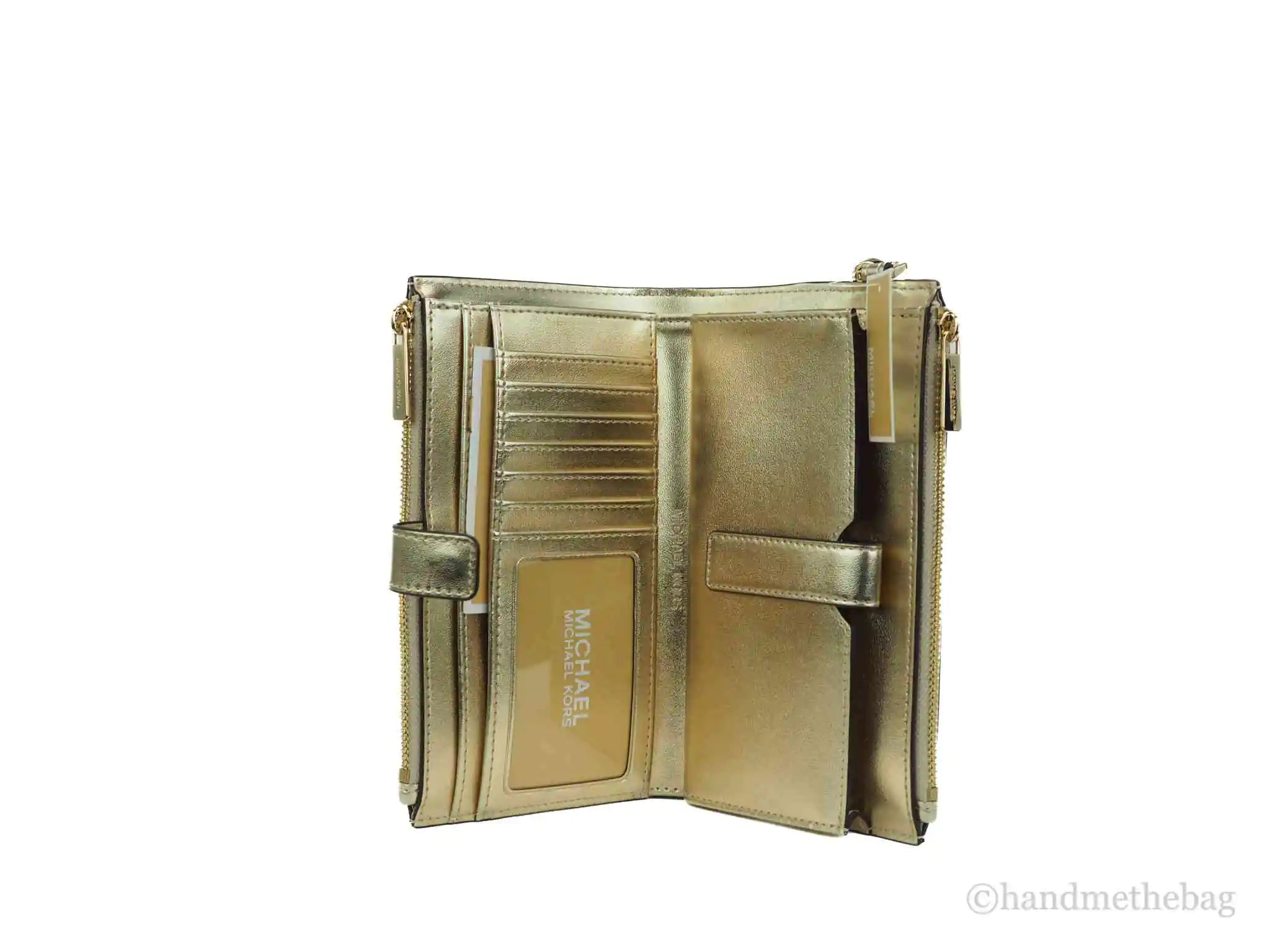 Michael Kors Jet Set Travel Pale Gold PVC Leather Large Double Zip Wrist Wallet - Velora Luxury Fashion