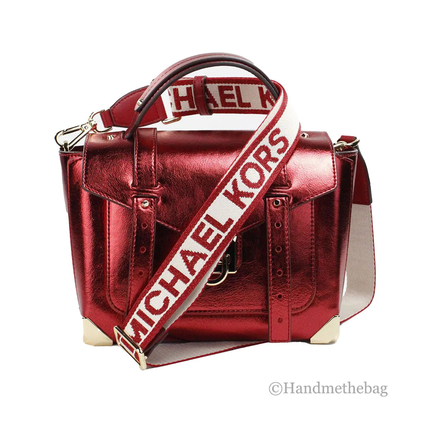 Michael Kors Manhattan Medium Metallic Crimson Convertible Satchel - Velora Luxury Fashion