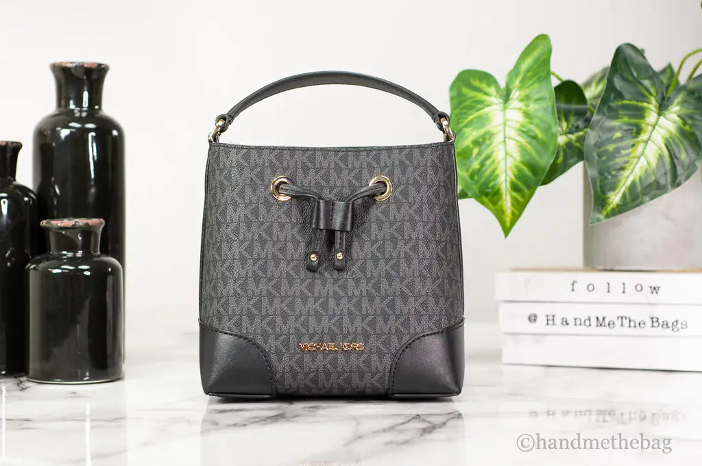 Michael Kors Mercer Small Black Signature Bucket Crossbody Bag - Velora Luxury Fashion