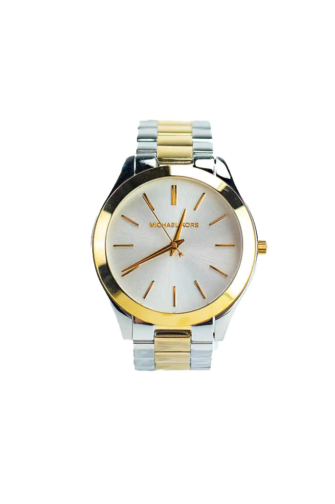Michael Kors Slim Runway Rose Gold Silver Toned Stainless Steel Watch - Velora Luxury Fashion