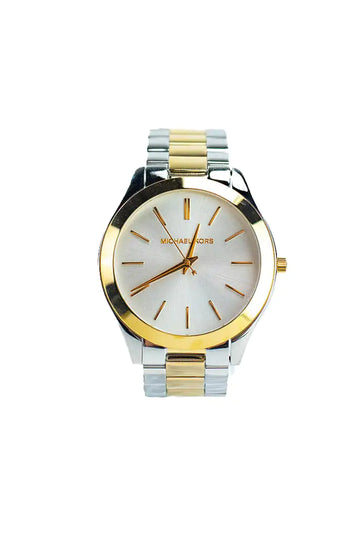 Michael Kors Slim Runway Rose Gold Silver Toned Stainless Steel Watch - Velora Luxury Fashion