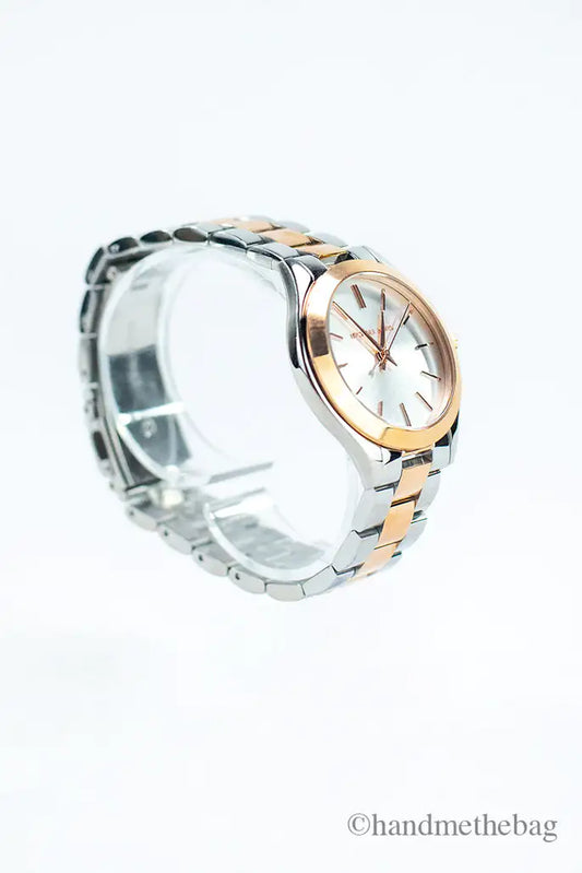 Michael Kors Slim Runway Rose Gold Silver Toned Stainless Steel Watch - Velora Luxury Fashion