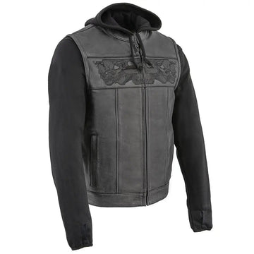 Milwaukee Leather Men's Black Leather Vest with Reflective Skulls & Full Hoodie Liner - Velora Luxury Fashion