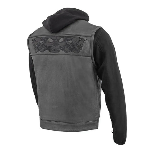 Milwaukee Leather Men's Black Leather Vest with Reflective Skulls & Full Hoodie Liner - Velora Luxury Fashion