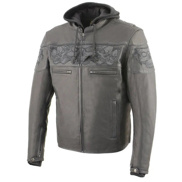 Milwaukee Leather Men's Crossover Scooter Jacket w/ Reflective Skulls & Full Sleeve Removable Hoodie - Velora Luxury Fashion